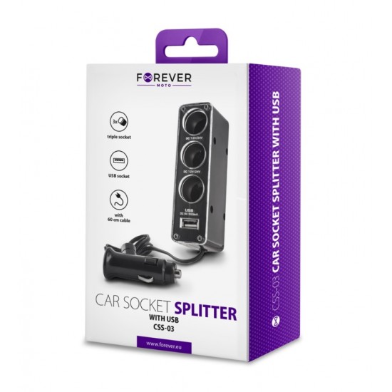 Forever CSS-03 Cigarette Car Lighter Splitter auto 12V / 24V auto ligzdas sadalītājs,  3 izejas, 1xUSB,  GSM001530